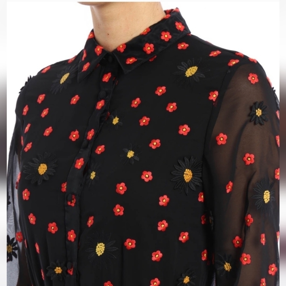 Alice + Olivia-"Enid" Floral Embroidered Appliqué Shirt Dress Black-Size XS - Picture 4 of 17